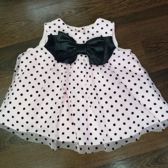 Rare Editions Baby Girl Pink Black Polka Dot Bow Dress 12M Easter Spring Formal - Picture 8 of 8